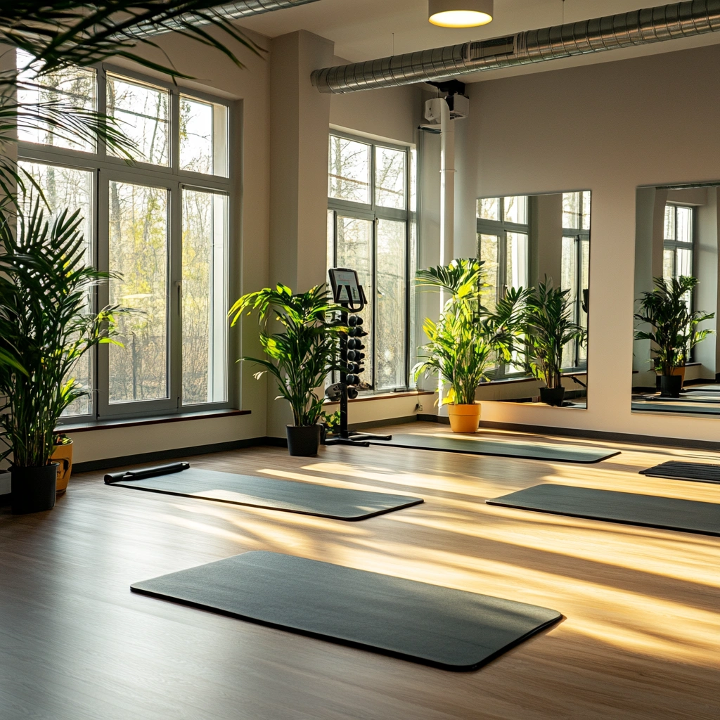 Простора зала для групових занять з великими вікнами