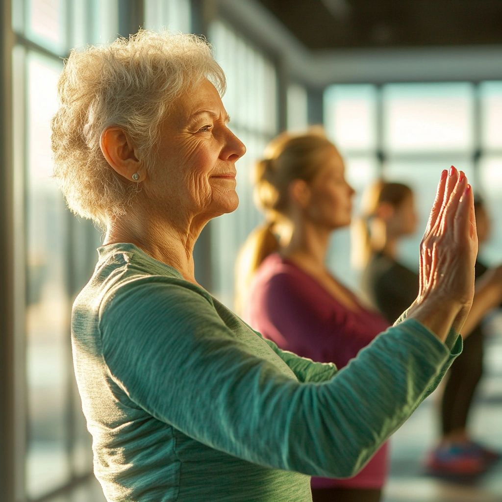 Група пенсіонерів займається фітнесом під керівництвом тренера